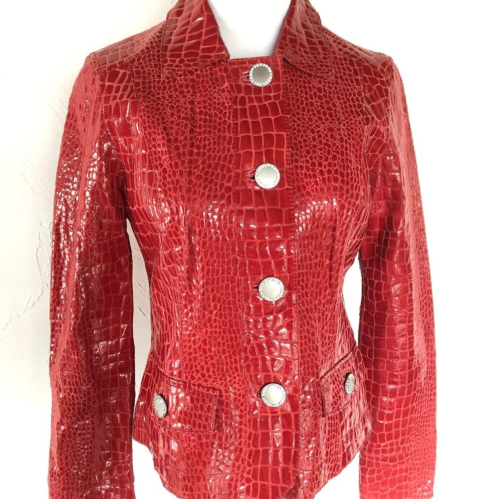 BEREK Croc Embossed Red Leather Jacket with Rhinestone buttons Size SML